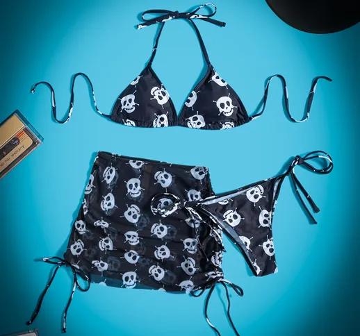 3 pacchi con stampa teschi Costume da bagno bikini all'americana & Gonna da spiaggia