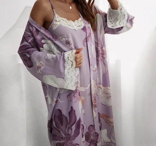 Set pigiama abito con bretelle sottili con stampa floreale bordo di pizzo a contrasto & Ve...