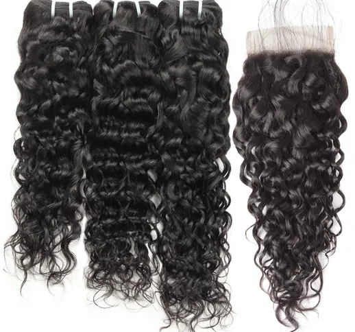 3 pezzi lunghi di capelli umani fasci di tessuto e 1 pezzo 4 * 4 pizzo frontale 150% lungo...