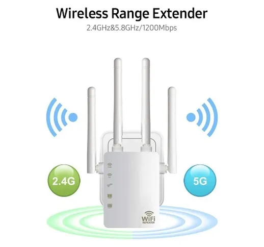 WiFi Booster 1200Mbps Dual Band 2.4GHz 5GHz WiFi Amplificatore di segnale Internet Ripetit...