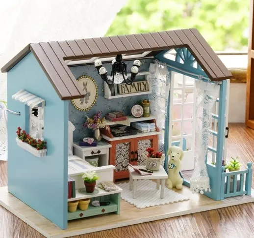 Casa delle bambole fai-da-te Camera in legno Kit di montaggio Decorazione della casa Model...