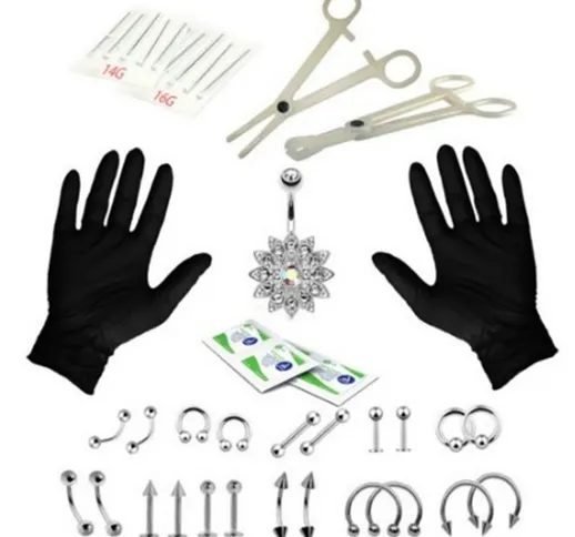 41pcs Kit di gioielli per piercing al corpo Naso Trago Lingua di pancia Aghi per labbra Pi...