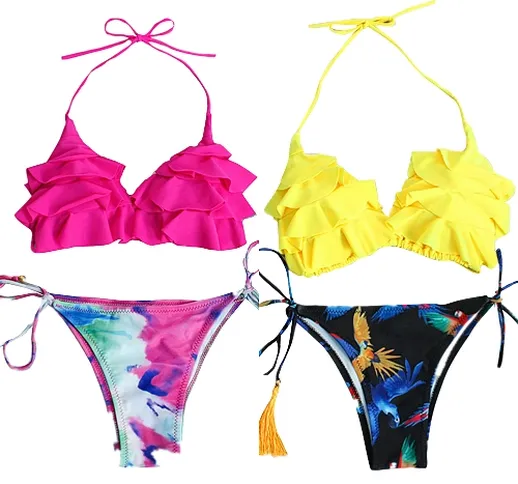 New Sexy Bikini Set donna Ruffles Self-tie Backless Vita bassa Due pezzi Costina da bagno...