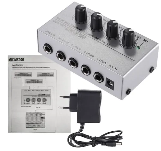MX400 Ultra-compatto a basso rumore 4 canali Line Mixer Audio Mono con adattatore di alime...