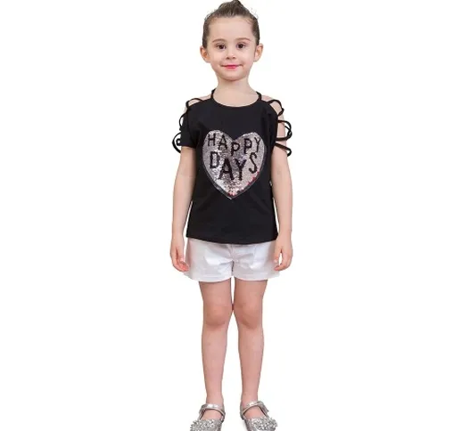 Magliette delle ragazze Cute paillettes a forma di cuore Estate in cotone Off-Shoulder Cas...