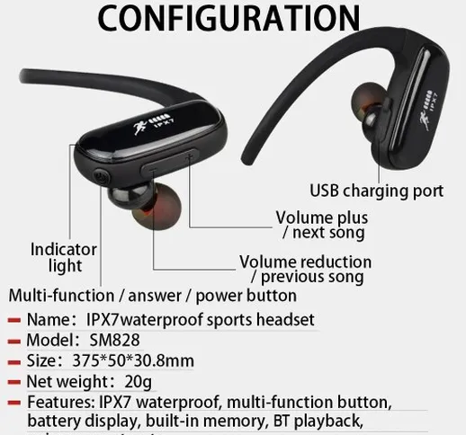 SM828 IPX7 Cuffie impermeabili Auricolare Bluetooth wireless 16 GB Lettore MP3 Auricolari...