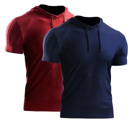 T-shirt sportiva estiva da uomo 2PCS tinta unita con cappuccio manica corta con coulisse a...