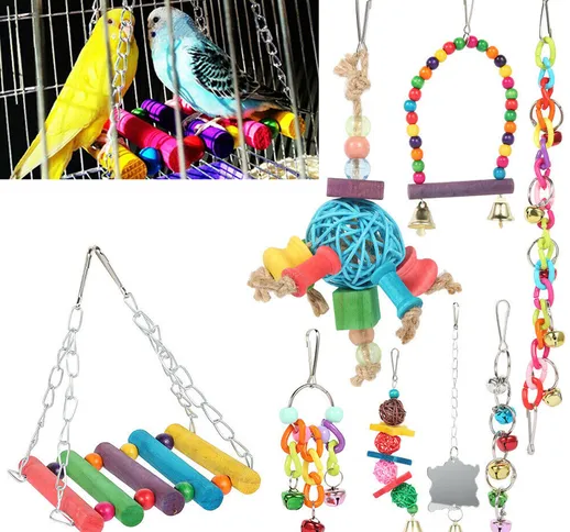 8 pezzi Pet Bird Toys Masticare Appeso Campana Pappagallo Altalena Budgie Cockatrice Cage...