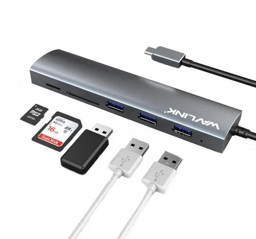 Hub Wavlink 3047rc in lega di alluminio USB C con 3 porte USB 3.0 SD-TF Card Reader Type-c...
