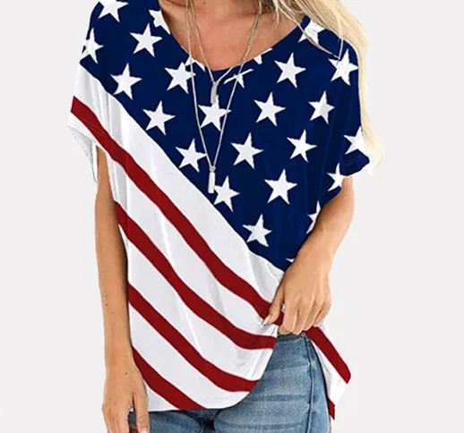 T-shirt casual da donna con bandiera stelle dellindipendenza americana Collo