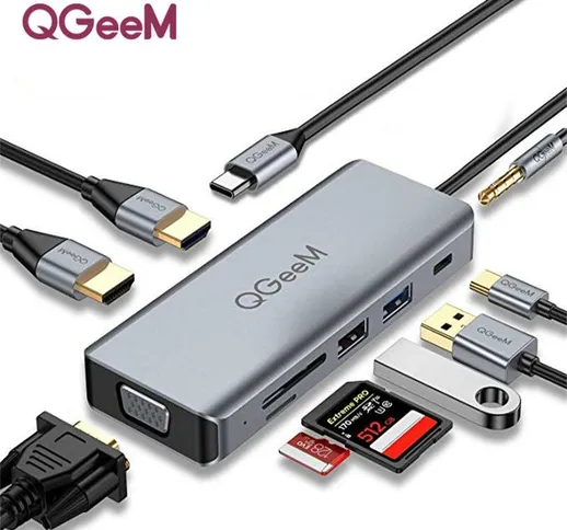 QGeeM 9 in 1 adattatore docking station triplo Display hub USB-C con doppio HDMI 4K HD Dis...