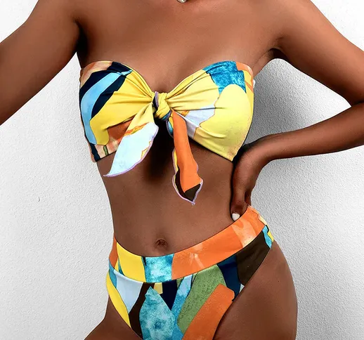 Donne Colorful Bikini senza spalline a fascia con stampa cravatta anteriore con perizoma
