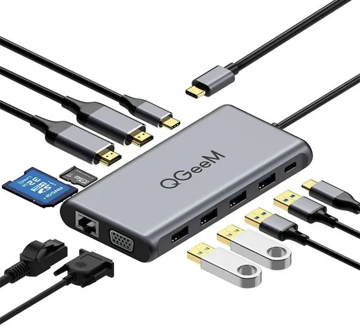 QGeeM 12 in 1 adattatore docking station triplo Display hub USB-C con doppia HDMI 4K Displ...