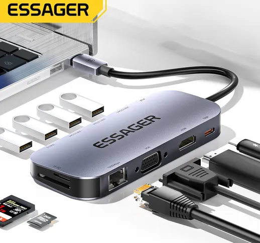 Essager 11 in 1 USB C HUB 4K 30HZ Type C Docking Station per Macbook Air Pro Adattatore Sp...