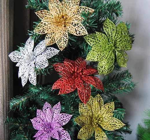 10Pcs Natale Brillare fiori di decorazione Fiore Hollow per alberi di Natale Decorazioni d...