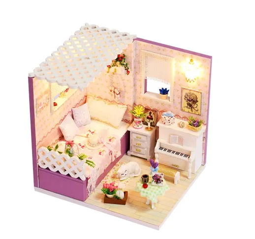 Set di mobili per la camera della casa delle bambole in legno fai-da-te luce a led Miniatu...