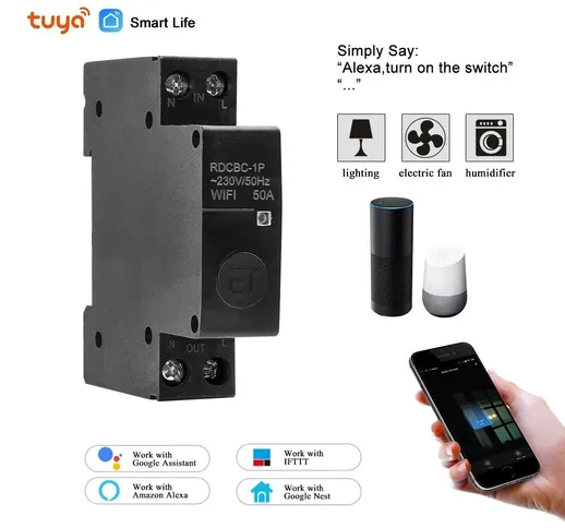 Tuya Smart Life 1P 50A 18mm WiFi Smart Circuit Breaker remoto Interruttore di controllo Fu...