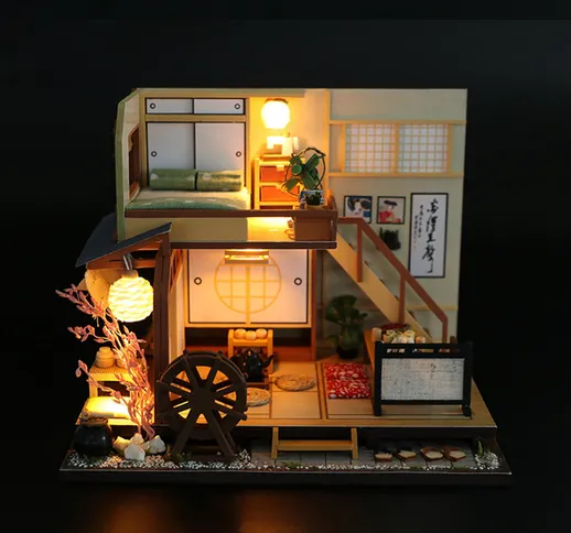 Fai da te Dollhouse Miniature mobili in legno LED Kit in stile giapponese giocattolo artig...