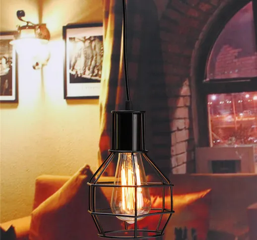 Plafoniera industriale vintage a sospensione lampada Paralume gabbia in metallo nero Cafe...