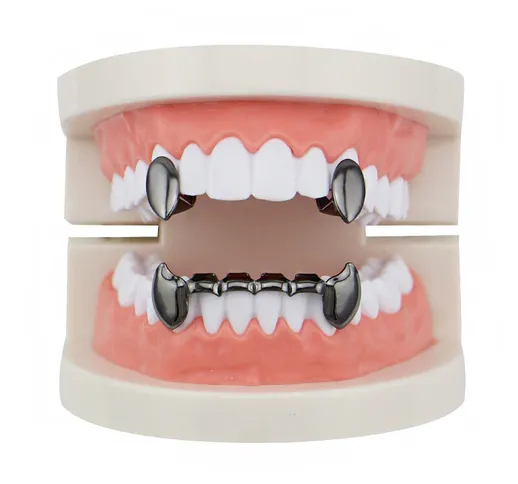 Set di 4 denti di protesi da vampiro vintage con bretelle geometriche in metallo e denti p...