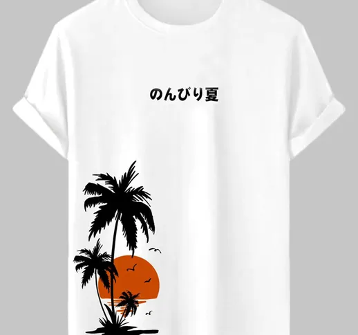 T-shirt a maniche corte per vacanze hawaiane con stampa giapponese albero di cocco da uomo