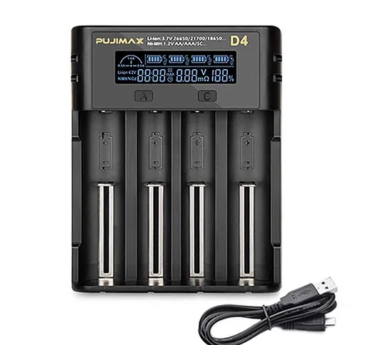 Caricabatterie PUJIMAX Batteria 18650 LCD Schermo Display Ricarica rapida 26650 18350 2170...