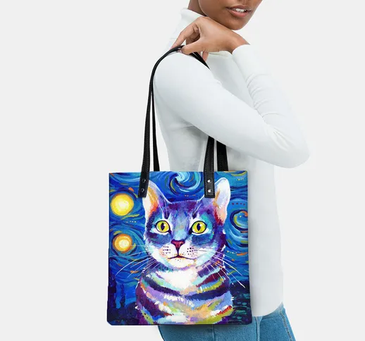 Donne PU Leather Psychedelic Cat Olio Pittura Modello Borsa Comoda impermeabile chiusura m...