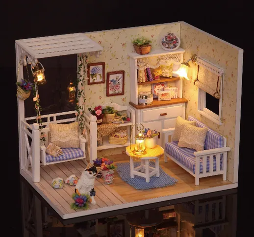 Cuteroom 1/24 casa delle bambole in miniatura kit fai da te con LED luce copertura giocatt...