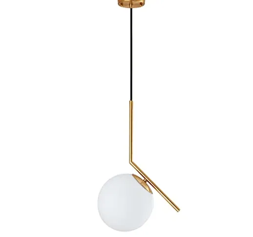 HJXDtech Lampada a sospensione moderna a sfera in vetro bianco, lampada da soffitto in met...