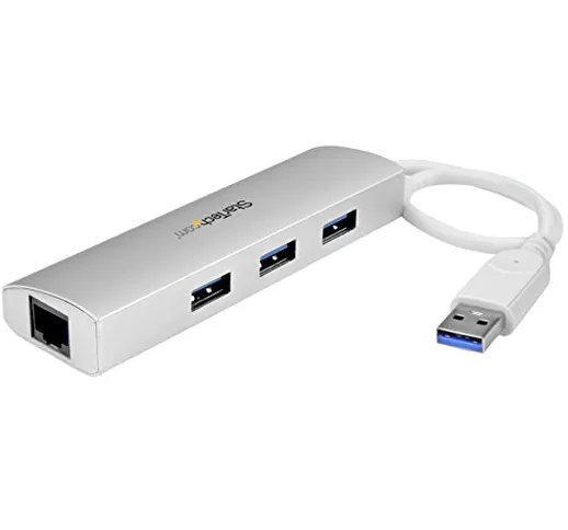 Startech.Com Hub USB 3.0 a 3 Porte con Adatattore Nic Ethernet Gigabit Gbe In Alluminio co...