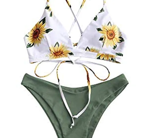 ZAFUL Bikini Set Imbottito Stampa di Girasole Annodato sulla Schiena per Donna 2019 (Verde...
