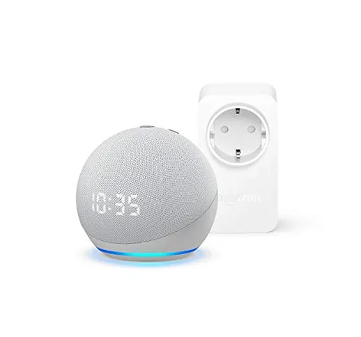 Echo Dot (4ª generazione) con orologio, Bianco ghiaccio + Amazon Smart Plug (presa intelli...