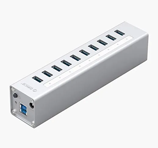 ORICO - Hub USB 3.0 a 10 Porte, Argento, in Alluminio, Alta velocità - con Adattatore d'al...