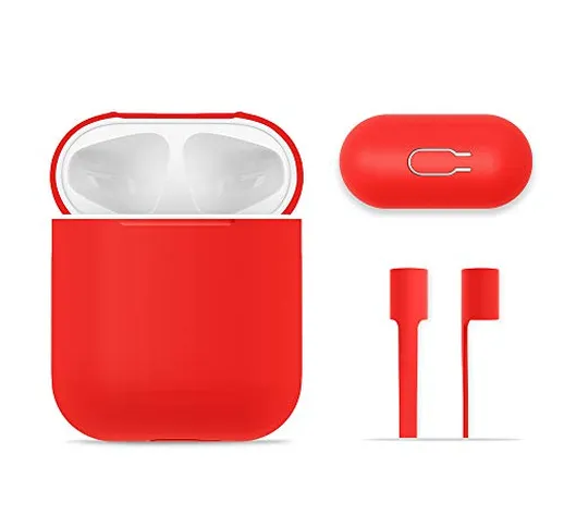 AirPods Case Protective, FRTMA Silicone Skin Case with Sport Strap for Apple AirPods (Red)
