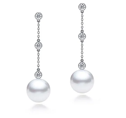 Oro bianco 14 K qualità AAA giapponesi Akoya perla coltivata orecchini pendenti di diamant...