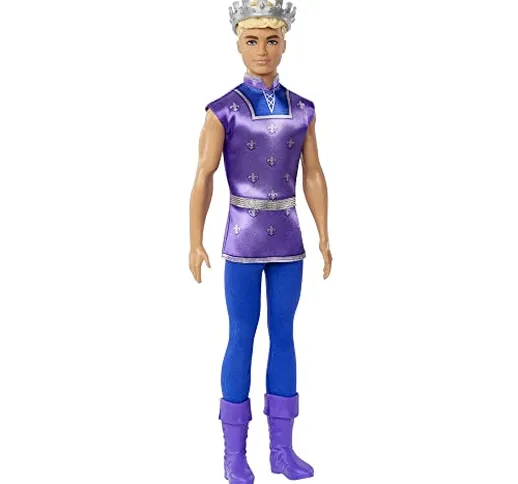 Barbie Dreamtopia - Bambola Ken, Principe dai capelli biondi, con corona dorata e look blu...