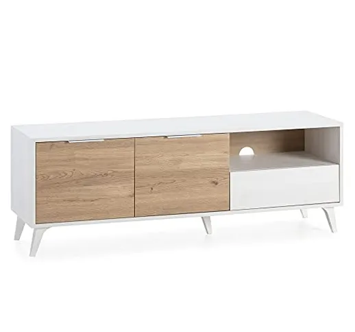 VS Venta-stock Mobile TV Koln 2 Porte e 1 cassetto, Color Bianco Spazzolato e Legno, 136,5...