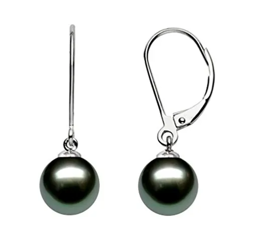 Oro bianco 14 k di alta qualità, colore: nero perla coltivata Tahitian-Orecchini pendenti,...