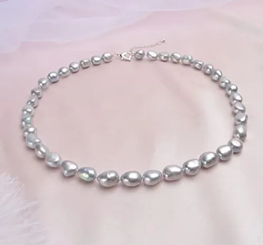 Collana di Perle Barocche Naturali 9-10mm Gioielli di Perle d'Acqua Dolce Grigie per Donna