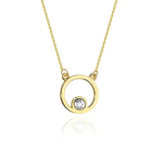 Collana da donna in oro giallo 585, 14 carati, con ciondolo a forma di cerchio con diamant...
