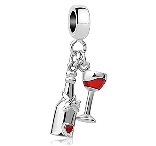LSxAB Bottiglia di vino rosso scintillante e ciondolo in vetro compatibile con braccialett...