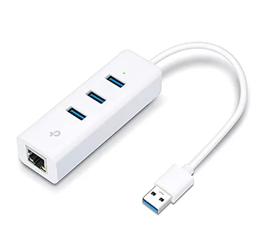 TP-Link Adattatore di rete 2 in 1, USB 3.0 con 3 porte e Gigabit Ethernet, Bianco(UE330)