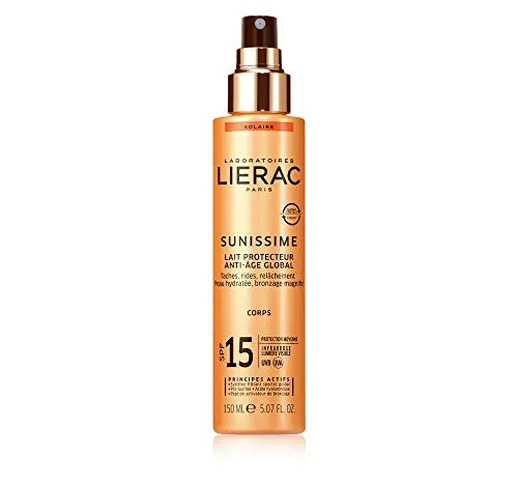 Lierac Sunissime Latte Solare Corpo SPF15 Anti Età, Protezione UVB, UVA, Infrarossi, per T...