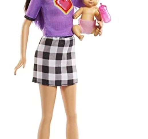 Barbie -Skipper Babysitters Bambola Bruna, Bebè e 4 Accessori, Giocattolo per Bambini 3+ A...