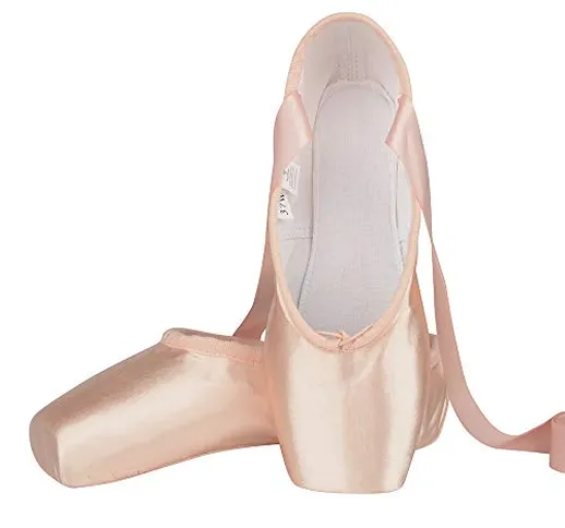 Scarpe da Danza Punta Classica Scarpette da Balletto Pointe Rosa con Nastro e Puntali per...