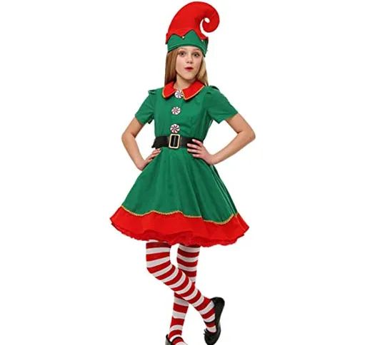 Costume da Elfo di Natale per Bambini Adulti, Costumi da Elfo Verde Completo di Natale Gen...