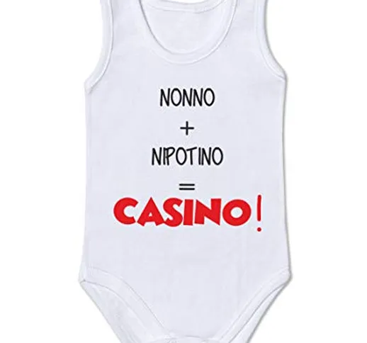 Body Neonato Canotta Divertente - Nonno + Nipotino = Casino - Body Neonato Canotta Nonni -...