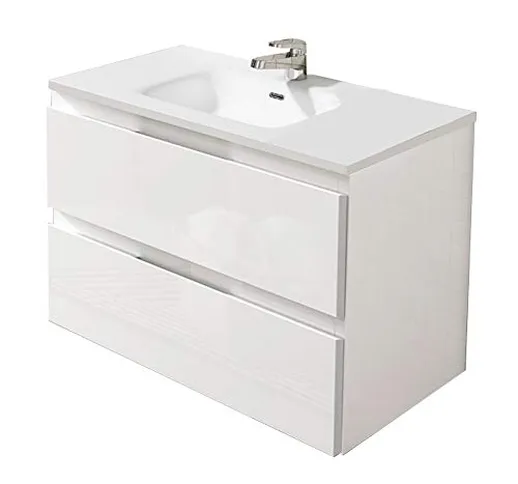 Arcibold Home Mobile Bagno sospeso 80cm, Bianco, 2 cassetti con Freno, con lavandino in Ce...