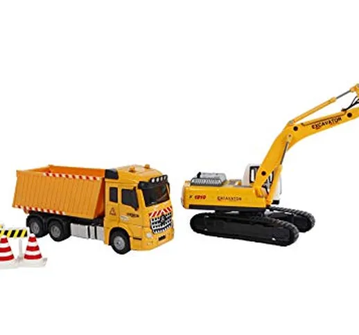 Kids Globe 2-Play Dump Truck (17 cm) with Excavator (22 cm) and Accessories - Die Cast wit...