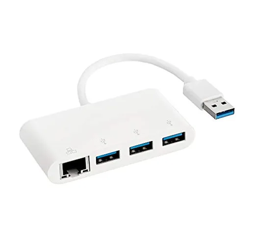 Amazon Basics - Adattatore a 3 porte USB 3.0 con porta gigabit ethernet RJ45, bianco